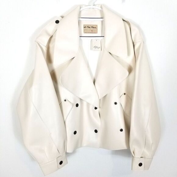 Free People Women's Alexis Vegan Jacket Sz M Ivory Snap Front Boxy Relaxed - Picture 1 of 8